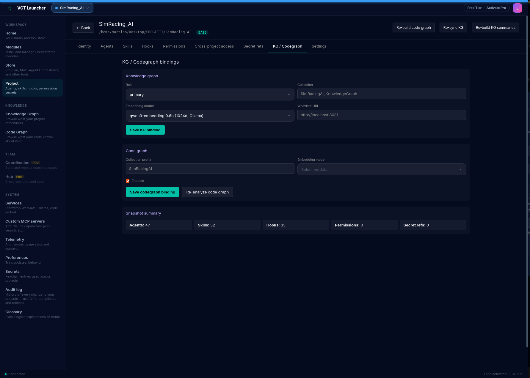 Per-project KG / Codegraph tab: 'Knowledge graph' block with Role (primary), Collection, Embedding model (qwen3-embedding:0.6b), and Weaviate URL fields plus 'Save KG binding' button; 'Code graph' block with Collection prefix, Embedding model, Enabled checkbox, and 'Save codegraph binding' / 'Re-analyze code graph' buttons; 'Snapshot summary' at the bottom with per-project counters (Agents / Skills / Hooks / Permissions / Secret refs)