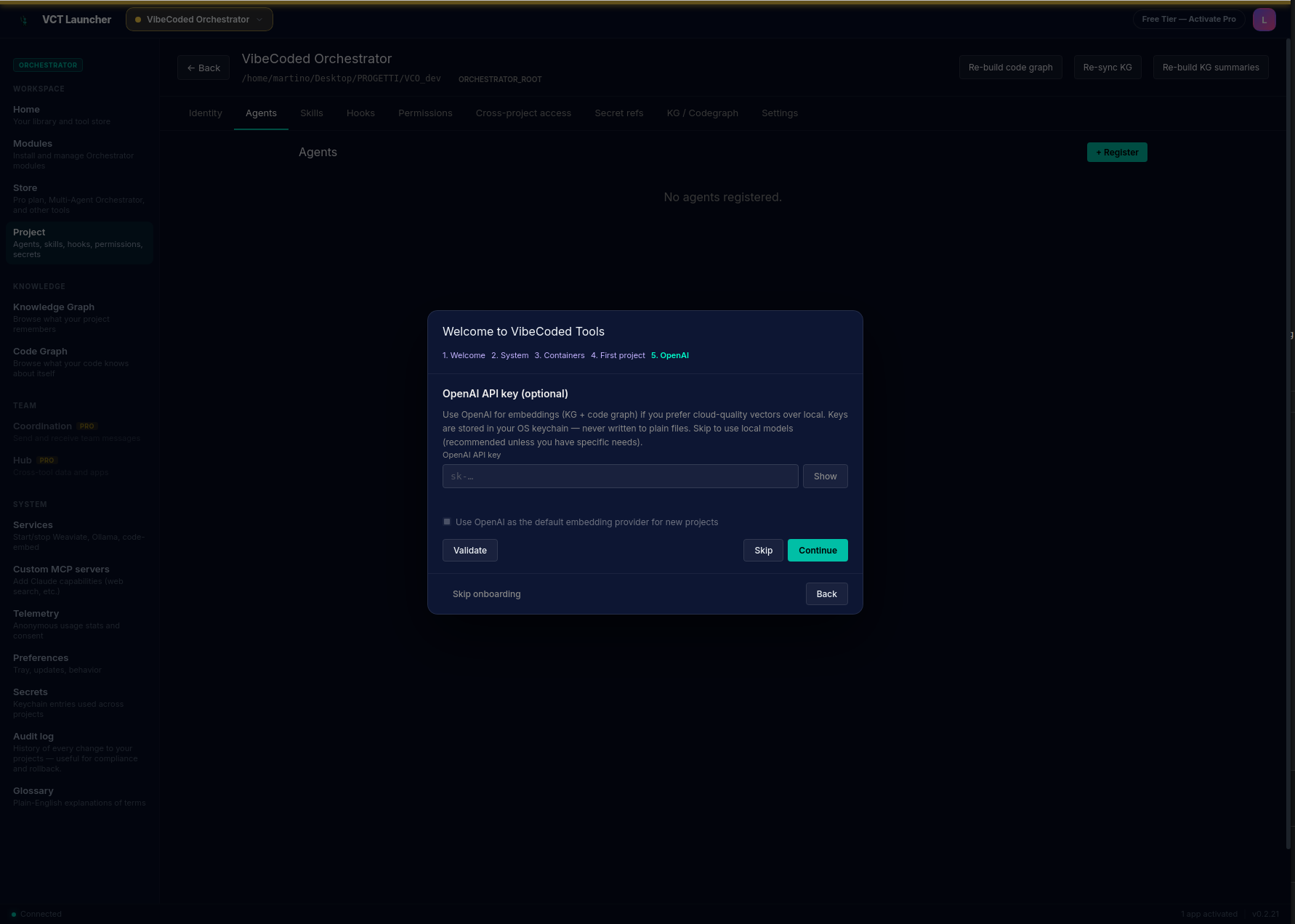 OnboardingWizard step 5 — OpenAI: password-masked input for the OpenAI API key with a Validate button, a 'Use OpenAI as the default embedding provider for new projects' checkbox, and Skip / Continue actions