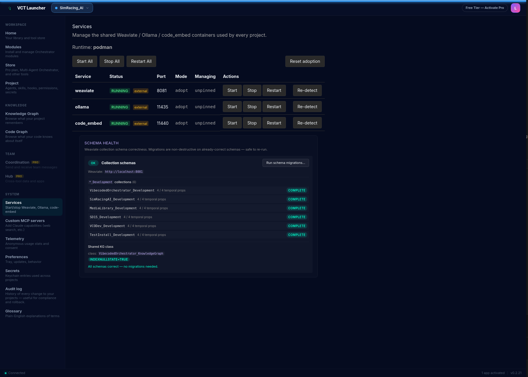Launcher Services page: a table with the three shared services (weaviate :8081, ollama :11435, code_embed :11440) all RUNNING in 'adopt' mode, Start All / Stop All / Restart All buttons at the top, and a 'Schema health' panel below showing the per-collection migration state (COMPLETE in green)