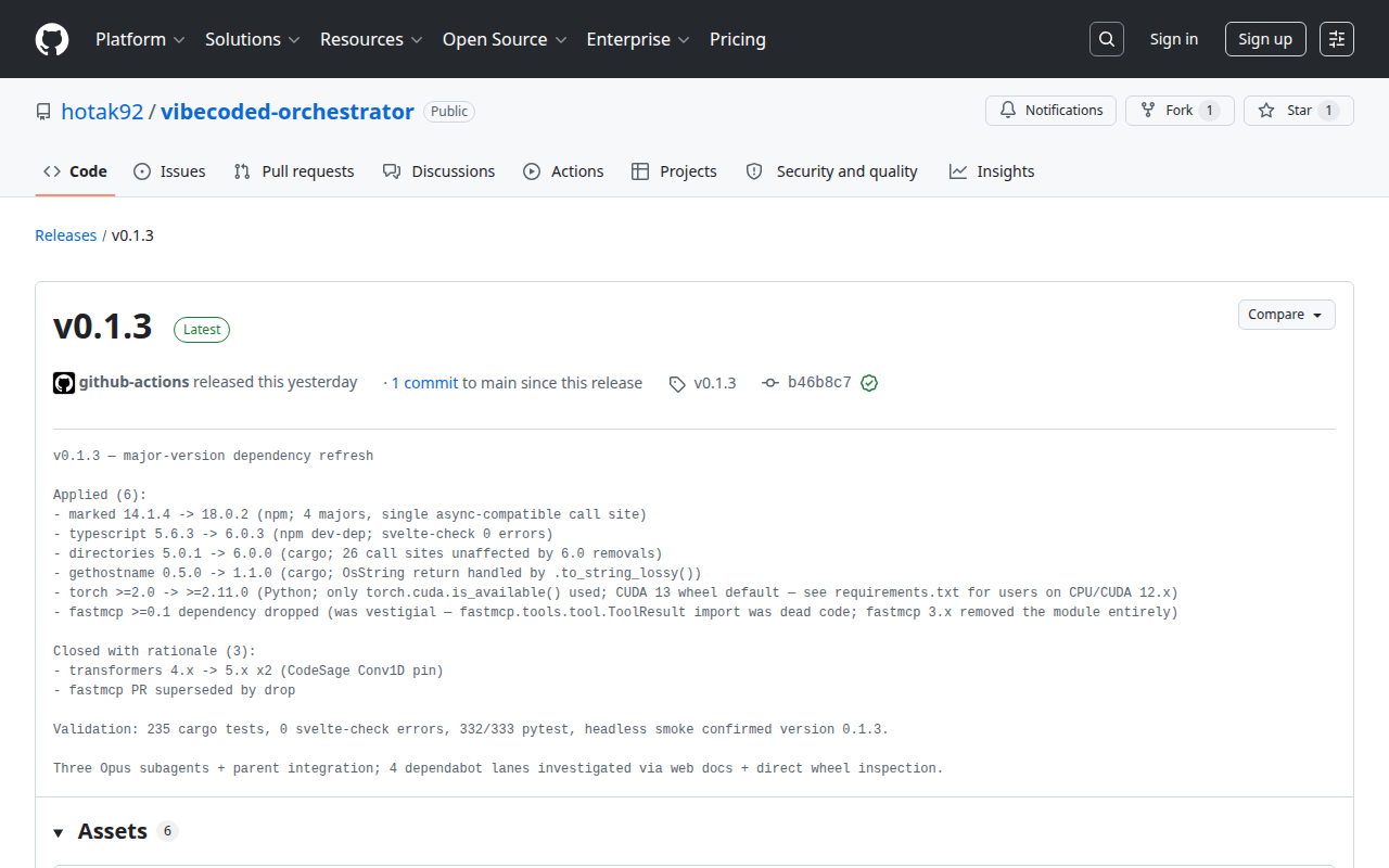 GitHub Releases page showing v0.2.21 per-OS archives plus Linux / macOS / Windows launcher binaries