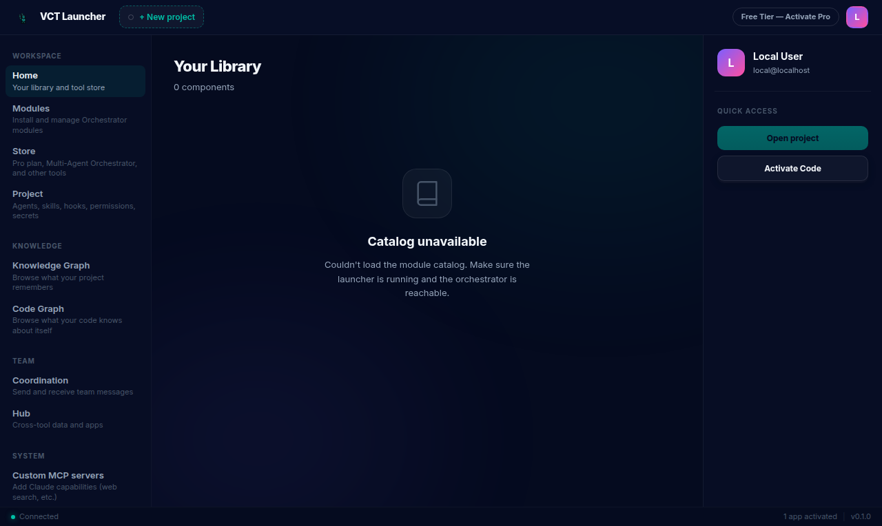 VCT Launcher home page showing the Library sidebar (Workspace / Knowledge / Team / System) on a fresh install with no projects registered