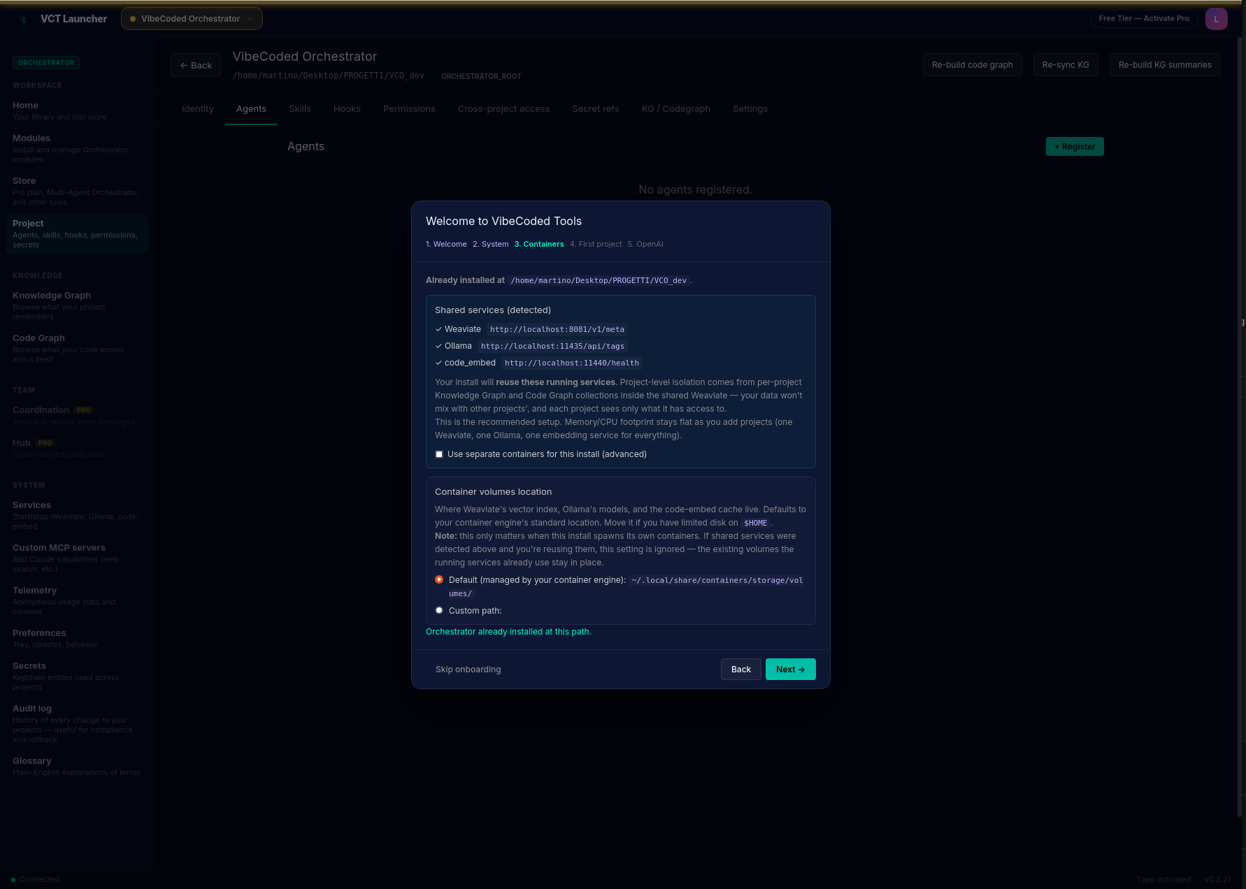 OnboardingWizard step 3 — Containers: shared services (Weaviate, Ollama, code_embed) detected as 'Already installed' with URLs, plus volume-location choice (container-engine-managed vs custom path)
