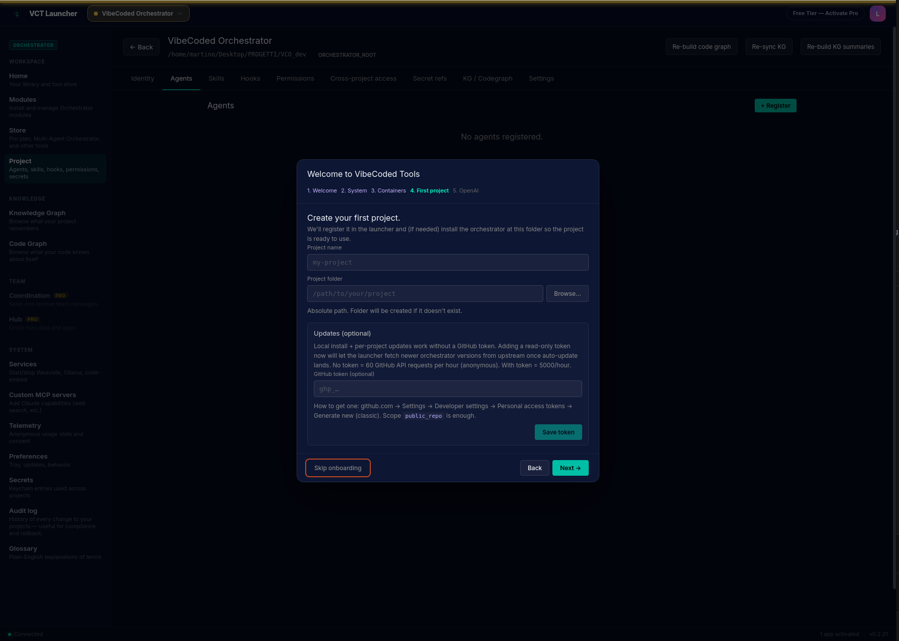 OnboardingWizard step 4 — First project: Project name and Project folder inputs with a Browse button, plus the 'Updates (optional)' section expanded with GitHub-token instructions and a Save token button
